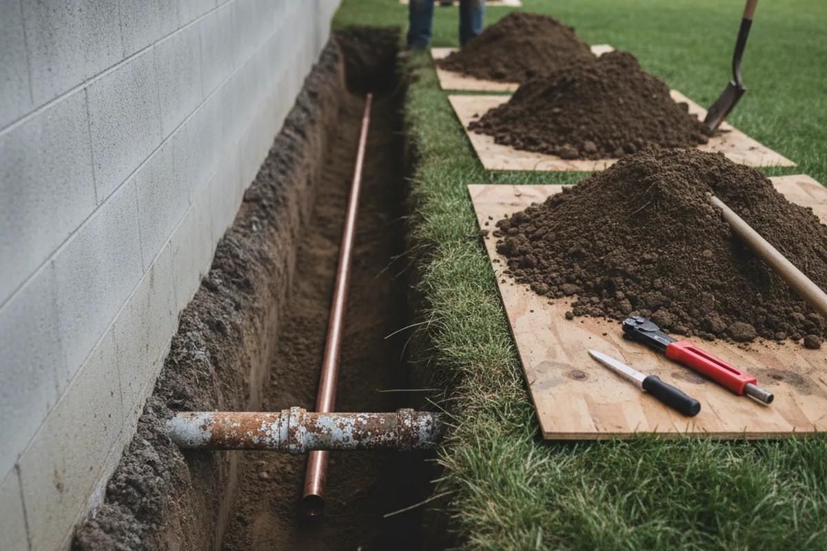 Excavated water line trench during Sewer Line Repair in Mappsville